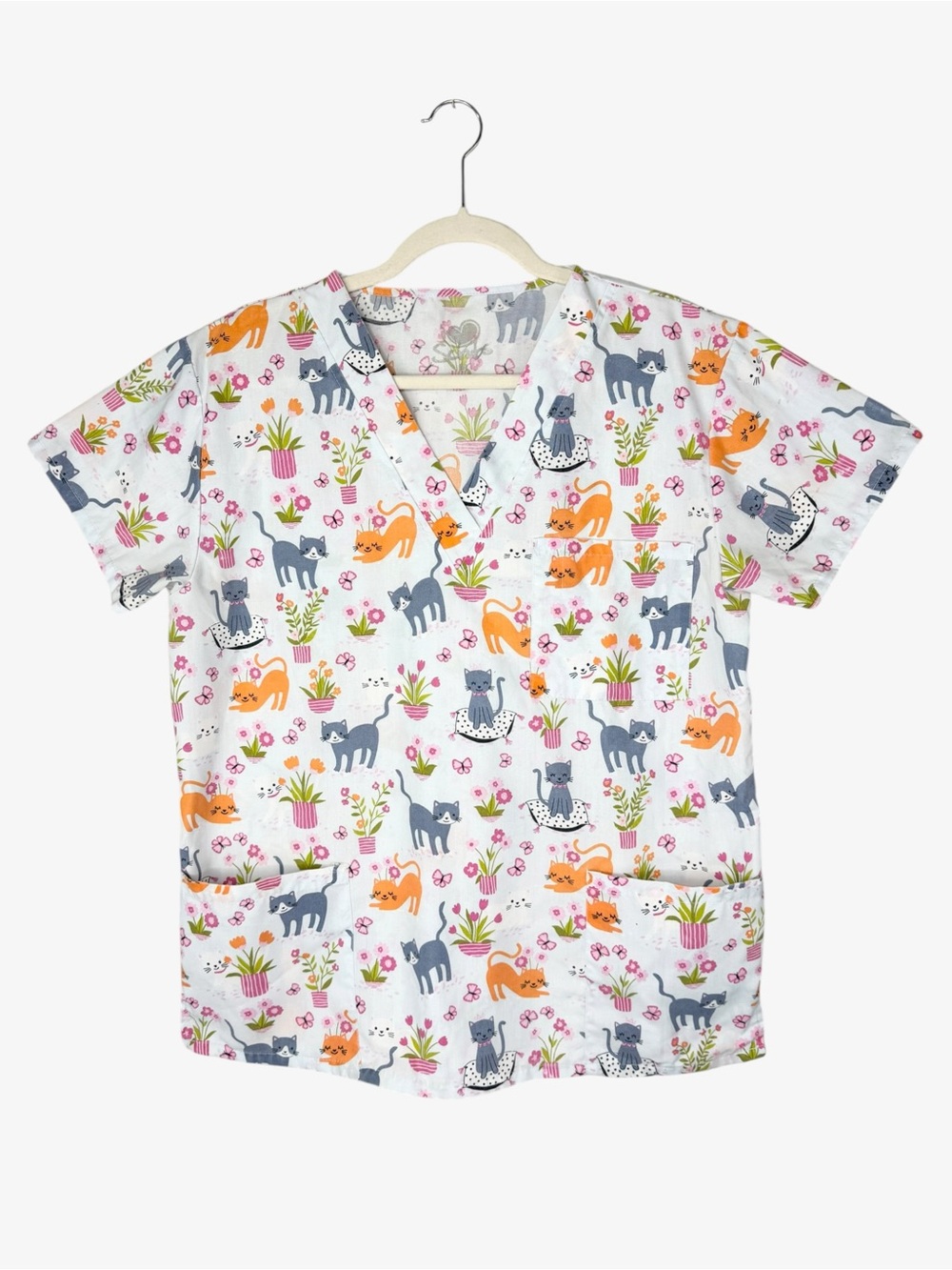 Cat & Potted Plants Print Scrub Top Size M Short Sleeve V-Neck Pockets Floral